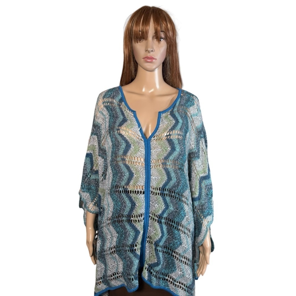 New Nation Design Wool Blend Zig Zag Knit Poncho